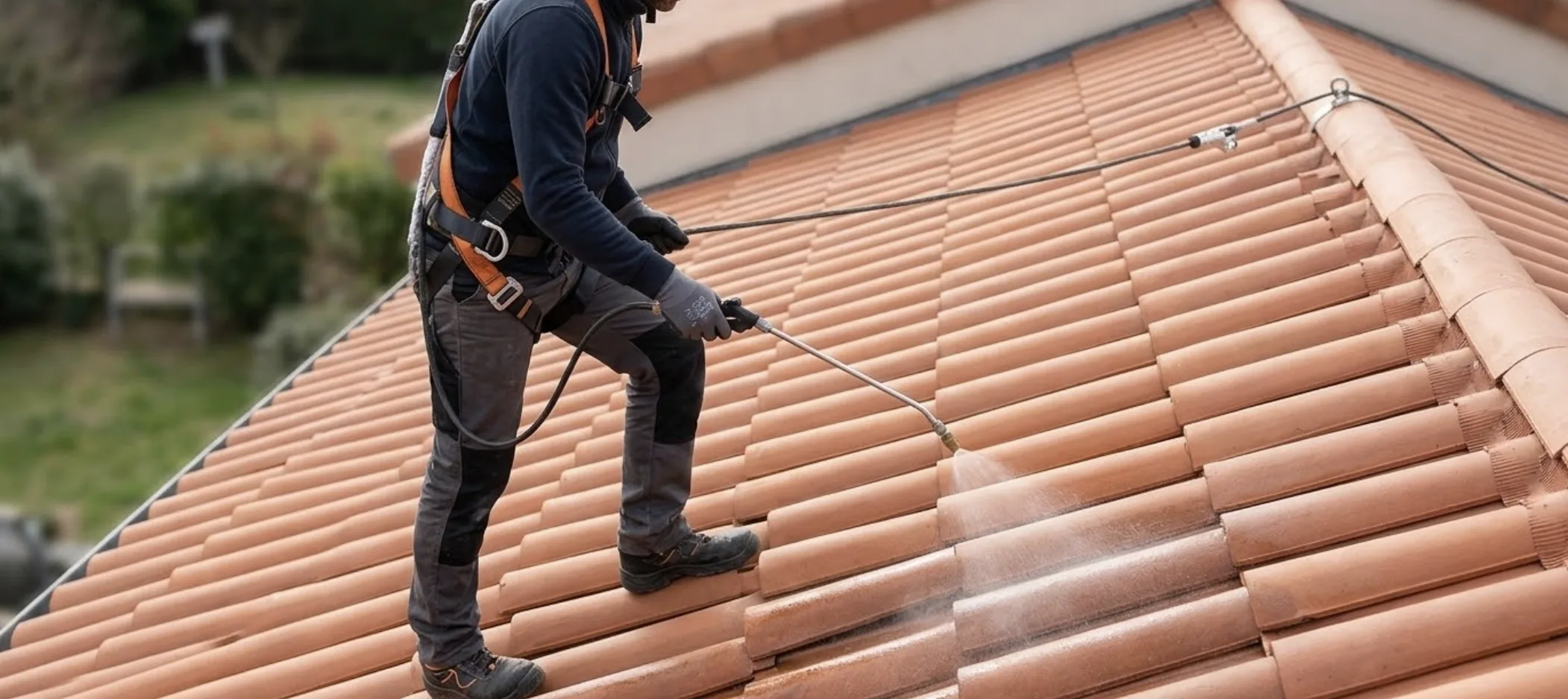 Toiture divisée en deux parties (avant/après traitement). À gauche, des tuiles en béton ternes, poreuses et couvertes de micro-mousses. À droite, les mêmes tuiles ravivées et protégées par un hydrofuge coloré rouge brique.